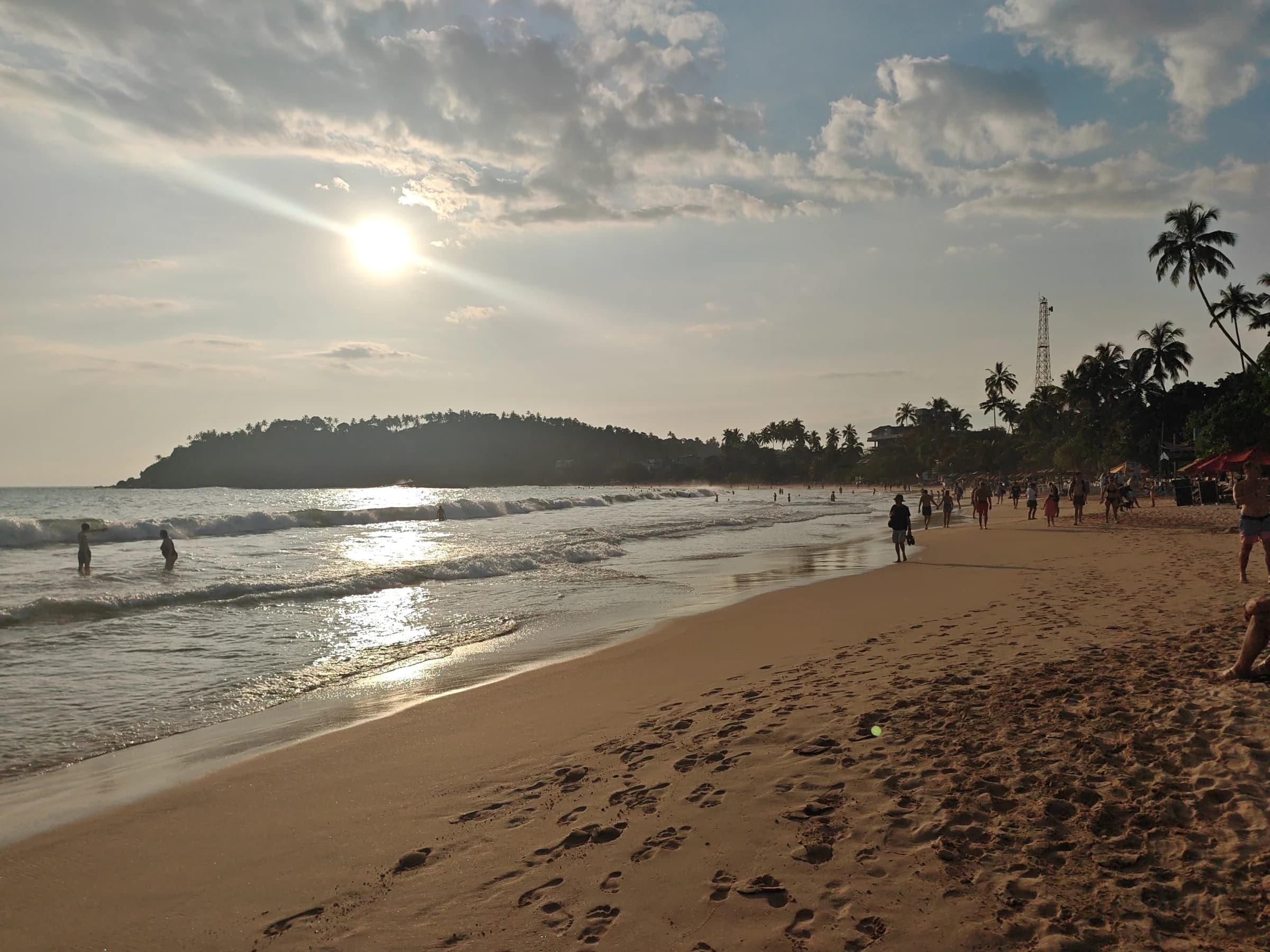 Warm evening sunlight over waves and a palm-lined beach in Mirissa
