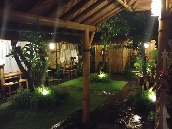 A sheltered garden and walkway illuminated at night