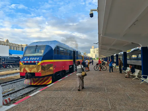 A train at a Cambodian station on the journey towards Kampot
