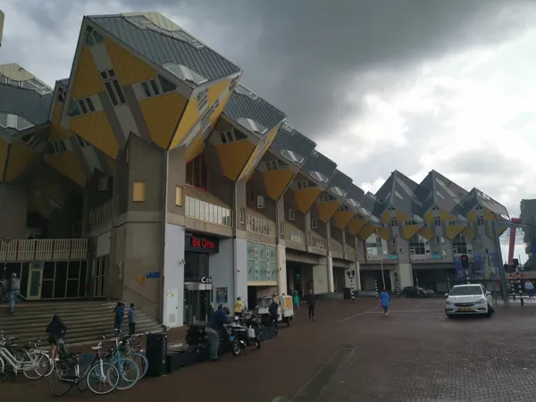 Rotterdam’s angular Cube Houses beside a city street