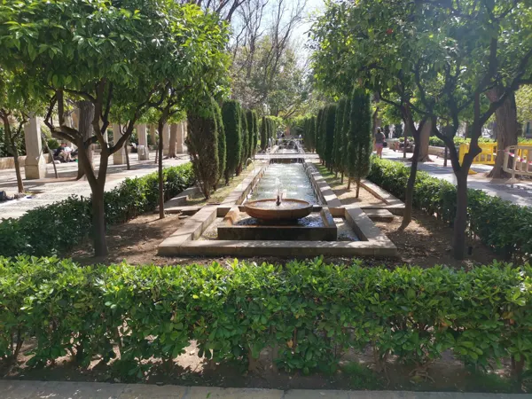 A long fountain surrounded by trees in Palma