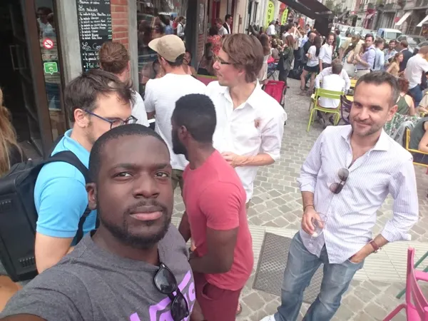 Travellers together on a busy Brussels street