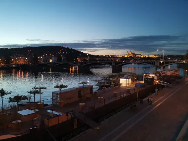 Bridges and riverside buildings in Prague at dusk