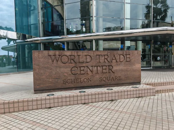 The World Trade Center sign and glass façade at Echelon Square in Colombo
