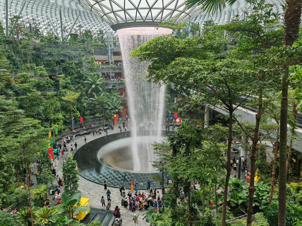 The Rain Vortex surrounded by greenery at Jewel Changi Airport